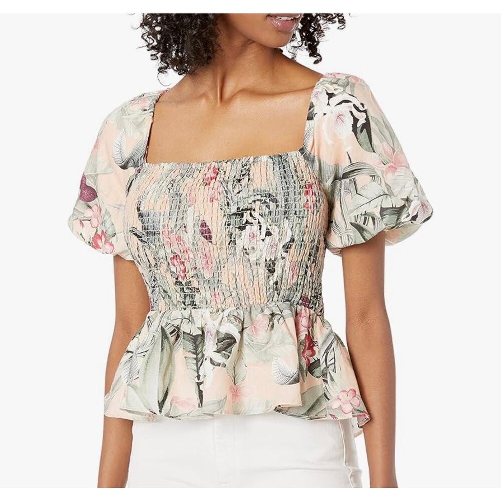 GUESS Lindy 100% Linen Top Tropical Orchid Print Smocked Peplum XS Resort Casual